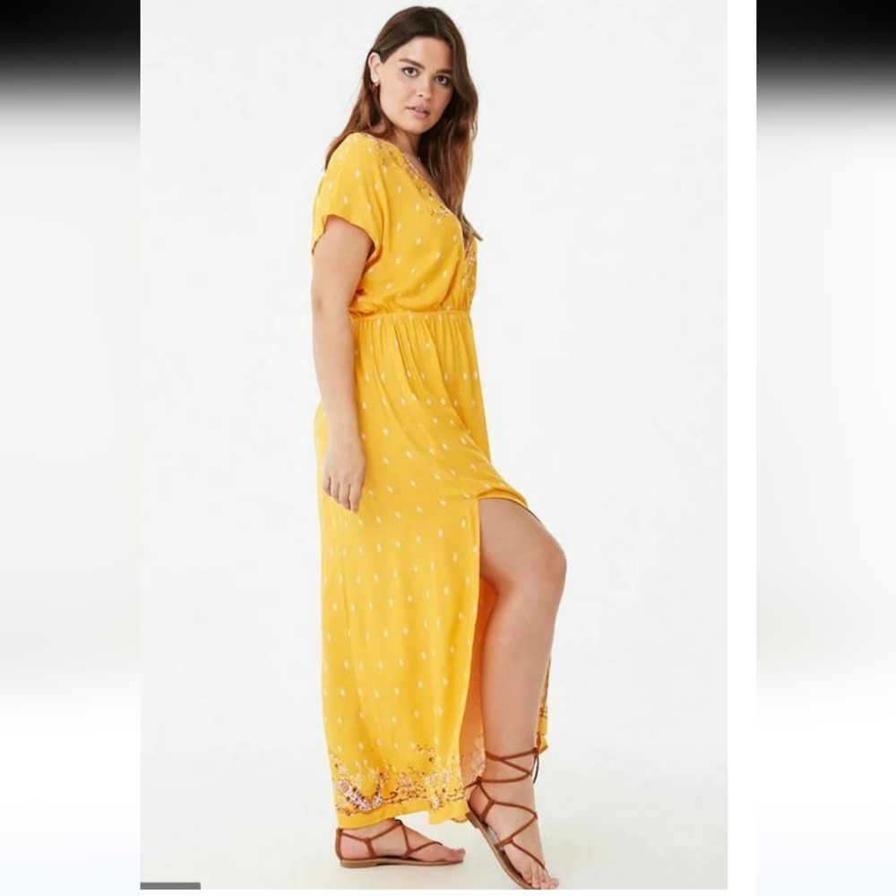Forever 21 Womens Plus Mustard Suplice Floral Maxi Dress, Size 2X